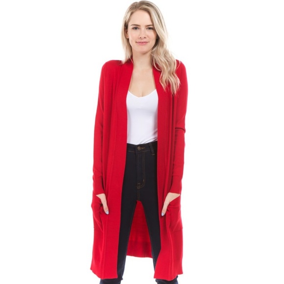 Sweaters - Knit Cardigan Long Sleeve Sweater Solid Soft Red
